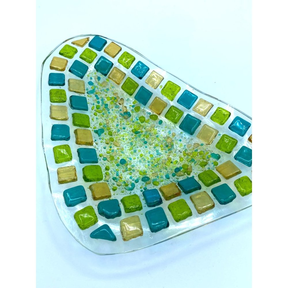 70's Retro Green Boho Fused Glass Designed Decor Dish